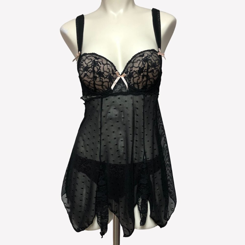 Black Fuchsia Sheer & Lace Baby Doll Chemise Size Small